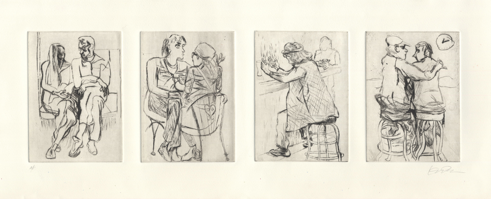 Four drypoint prints of people sketched in New York City